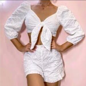 White Textured Crop Top and Shorts Set